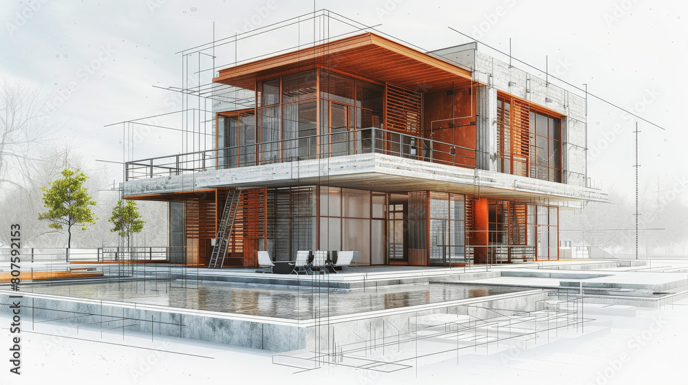 Architectural rendering of a modern two-story house with wood accents ...