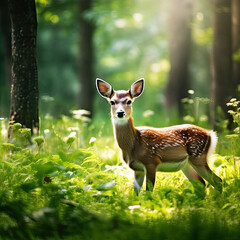 andscape of green nature with small deer enjoy fresh air on meadow in the forest