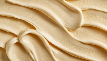 drops of water, brown leather upholstery, white chocolate on a plate, Vanilla flavor gelato - full frame background banner detail. Close up of a beige surface texture of vanilla Ice cream.