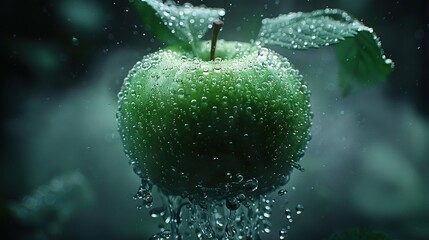 Sticker -   A green apple with water droplets and a leaf