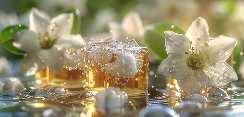 Aufkleber - The syrup drips on the big ice cubes, and there are slight splashes of water droplets. The ice cubes are decorated with jasmine flowers, and the color is fresh and elegant. Generative AI.