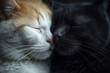 Two Cute tabby kittens sleeping and hugging on white knitted scarf. Domestic animal.