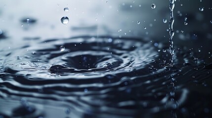 Wall Mural - macro photography, drops of water falling on thin water surface, studio lighting, shallow depth of field, low angle