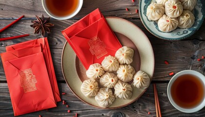 Wall Mural - a top view photo of red envelopes and a plate of dumplings and tea on a table during lunar new year