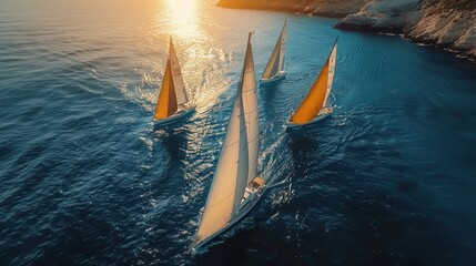 Sticker - An aerial view of four sailboats sailing in the ocean, each with differently colored sails. The boats have no people on board and appear to be floating gently across calm water. Generative AI.