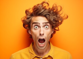 Young Man with Shocked Expression and Windswept Hair on Orange Background