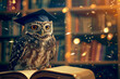 An owl wearing a graduation hat sitting on top of books in the library.