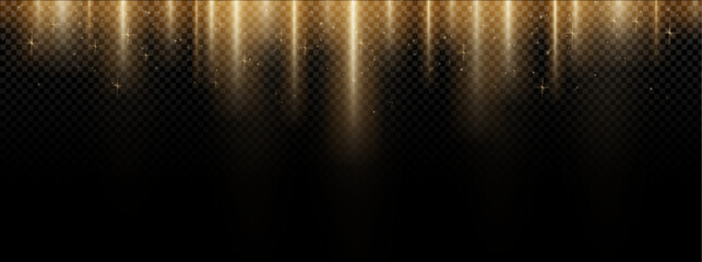 Poster - Vertical gold flare on black background. Abstract bg with golden glow sparkles and light pass from top down. Realistic vector illustration of border with bright mystery ray or star trail with glitter.