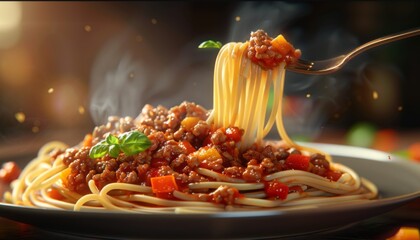 Wall Mural - photorealistic image of a twirled forkful of spaghetti bolognese held above a plate filled with the meal, showcasing the meaty sauce and vegetable chunks