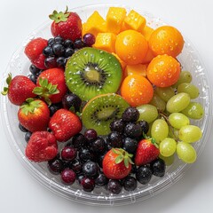 Sticker - On a white background, there is a circular disposable plastic plate filled with fruits, with water droplets on the surface of the fruits. top view. Generative AI.