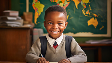 Wall Mural - African dark-skinned happy and smiling boy child sitting at a desk at school.