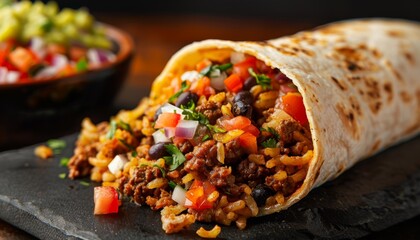 Wall Mural - Food photography of delicious ground beef burrito, with melted cheese, pica de gallo, spanish rice, tomato, guacamole, diced onion, and salsa. Taco del Mar burrito
