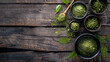 Side view of matcha powder in wooden plate on wooden background