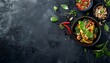 © Klnpherch - close up asian thailand cuisine on dark background flatlay layout with empty space on on side