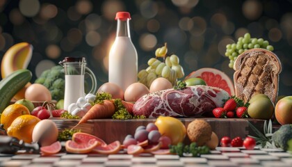 Wall Mural - Bread, fruit, meat, eggs, baby bottles, vegetables, realistic transparent backgrounds.