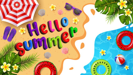 Poster - Hello summer banner vector template. Summer holiday background banner vector illustration