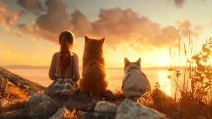 Little girl sits next to a fluffy cat and a dog on a high bank and looks at the sunset.