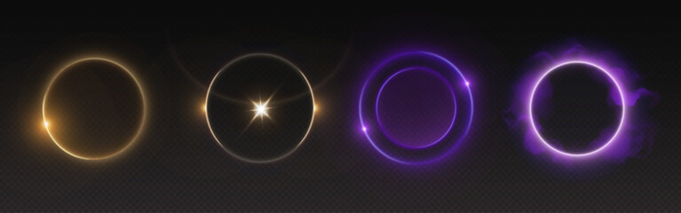 Wall Mural - Circle halo light with overlay effect on transparent background. Realistic 3d vector illustration set of yellow and purple neon glow ring with sparkle, flare and smoke cloud. Circular magic frame.