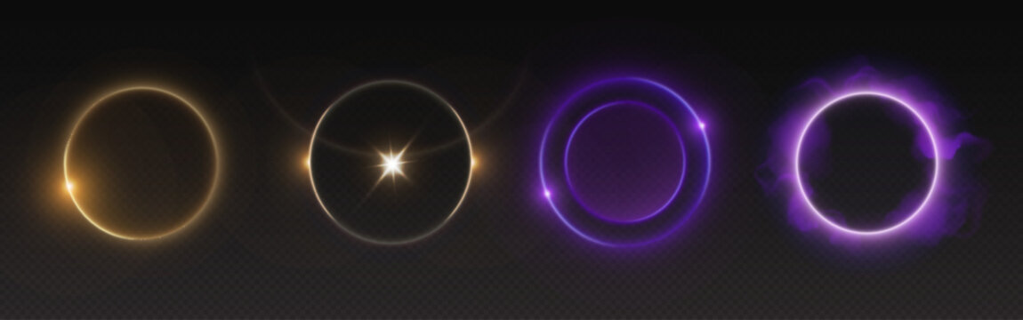 Circle halo light with overlay effect on transparent background. Realistic 3d vector illustration set of yellow and purple neon glow ring with sparkle, flare and smoke cloud. Circular magic frame.