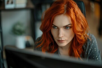 Poster - Focused redhead woman working intently at computer in office set