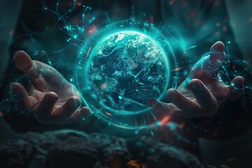 Poster - Hands cradle glowing Earth with digital network lines