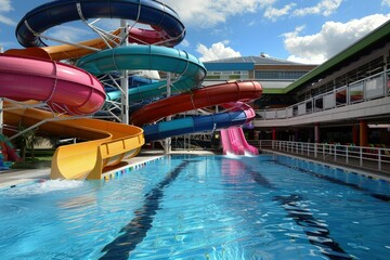 Wall Mural - a large pool with a water slide in the middle of it