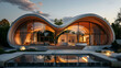 A luxurious house made of wood, glass and concrete in the shape of two half circles with rounded edges, in an environment illuminated by sunset light