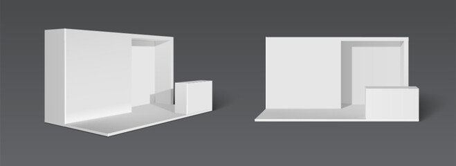 White booth stand with walls, floor and platform for products display. Realistic 3d vector illustration of studio or exhibition room interior mockup. Trade expo event template of presentation kiosk.