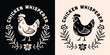 © Pictandra - Chicken whisperer chickens mama lover logo quotes round badge sticker. Cottagecore farmcore poultry farmer farm girl life floral aesthetic funny humor gifts printable text vector for shirt design.