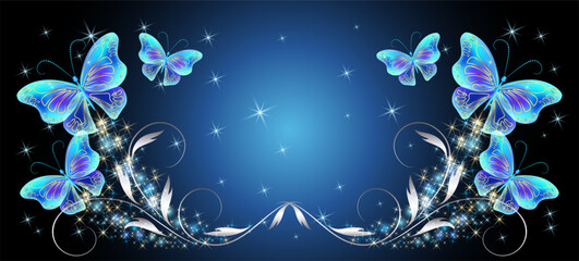 Wall Mural - Fairytale night sky with magical blue butterflies and floral ornament and stars. Fantasy sparkle background.