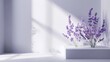 Elegant design poster with lavender flowers levitating, surrounded by negative space that enhances the plants symbolism of purity and silence