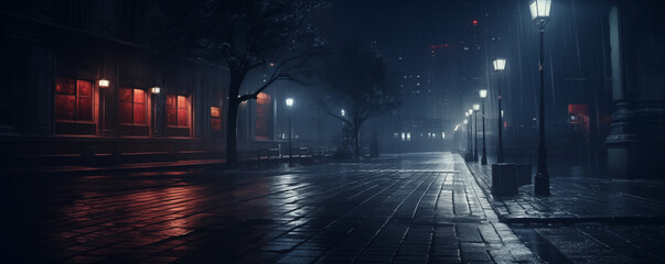 Wall Mural - Empty urban street at night with lights, beautiful city, panoramic view, generated ai
