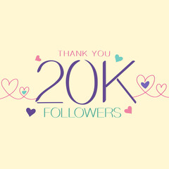 20K Followers thank you banner design with colorful hearts, minimal post design for 20000 followers celebrations