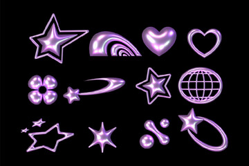 Poster - 3d retro y2k holographic glossy element set. abstract shape chrome metal render