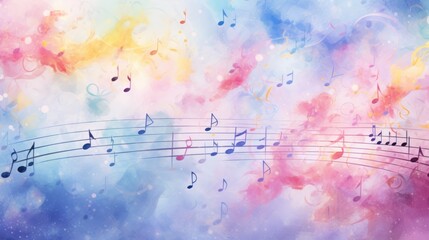 Fototapete - looping background of playful musical notes playfully bouncing and twisting in a vibrant watercolor style. 