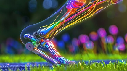 Poster - Close-up of a prosthetic leg in use during a sprint, focusing on technology and human will
