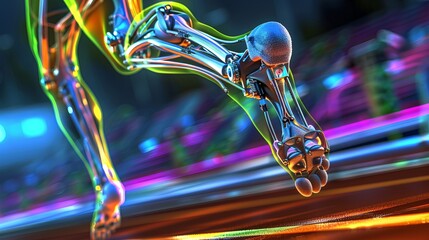 Poster - Close-up of a robotic leg in motion, running on a neon-lit track, showcasing advanced biomechanics and futuristic technology. Prosthetic leg in use during a sprint, focusing on technology and human