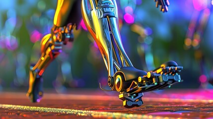 Poster - Close-up of robotic legs in motion on a colorful, futuristic surface, showcasing advanced robotics and artificial intelligence.