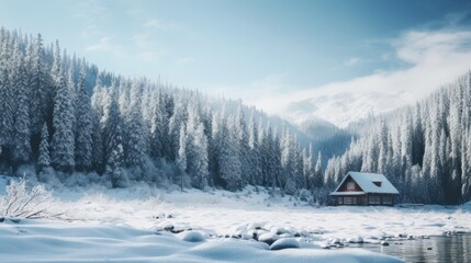 landscape with a snow-covered cabin nestled amidst towering pine trees,