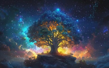 Wall Mural - This ethereal depiction of the Tree of Life illuminates a cosmic landscape with vibrant hues, merging nature with the celestial.