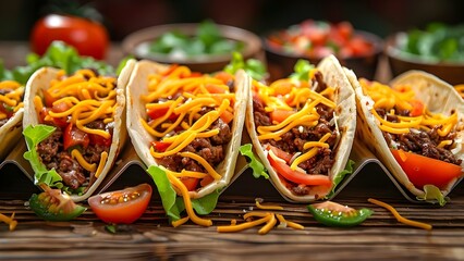 Wall Mural - American soft shell beef tacos with lettuce tomato and cheese on wooden table. Concept Food Photography, American Cuisine, Tacos, Soft Shell Tacos, Fresh Ingredients