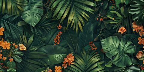 Wall Mural -  jungle wall mural featuring lush green leaves and exotic orange flowers, generative AI