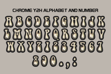 Poster - 3D y2k holographic glossy chrome letters and numbers. Trendy chrome font with glossy liquid metal effect