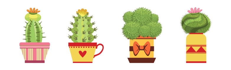 Sticker - Green Spiky Cactus Plant Growing in Ornamental Ceramic Pot Vector Set