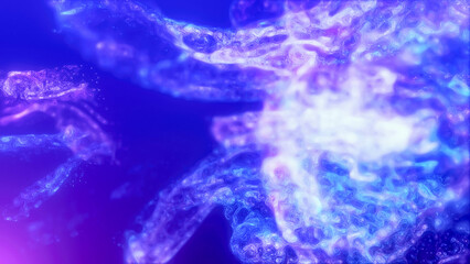 Poster - Blue violet multi-colored energy glowing magic liquid made of waves and electric iridescent plasma of high-tech digital lines and particles in water. Abstract background