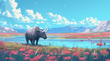 A beautiful landscape painting of a bison standing in a field of flowers with a river and mountains in the background