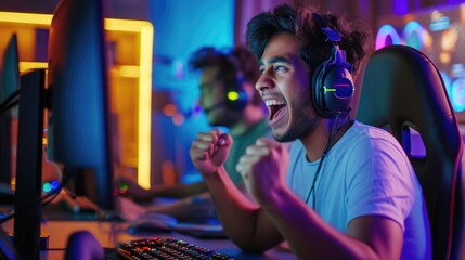 Crazy and Excited Male Gamer Winning in Online Video Game on Computer at Room, Concept of E-sports Gaming Technology.