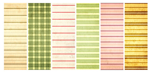 Sticker - Set of vertical or horizontal banners with old paper texture and strips and chequered retro patterns. Vintage backgrounds with grunge paper material. Copy space for text