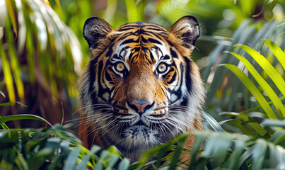 Wall Mural - A close-up of a tiger's face with sharp eyes among green leaves. Generate AI