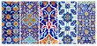 Set of vertical or horizontal banners with detail of ancient mosaic walls with floral and geometric ornaments. Collection of backgrounds with traditional iranian tile decorations